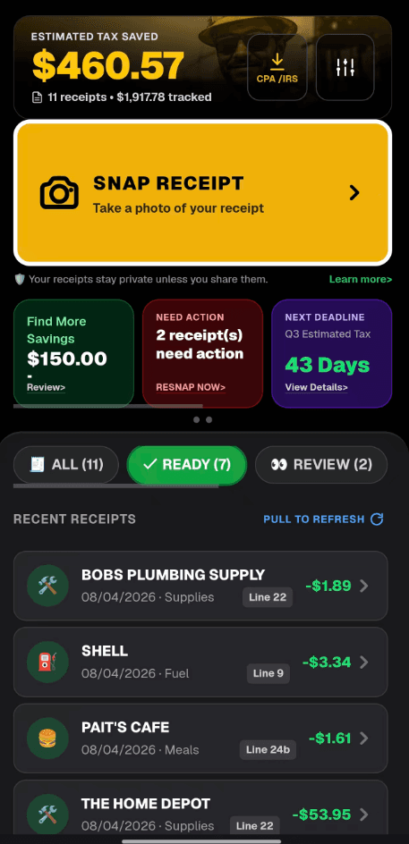 SnapTax home screen showing estimated tax saved, widgets, and recent receipts